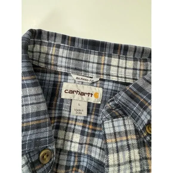 Carhartt Flannel Shirt Button Up Relaxed Fit Heavy Weight Blue Gray Plaid Mens L - Picture 4 of 9